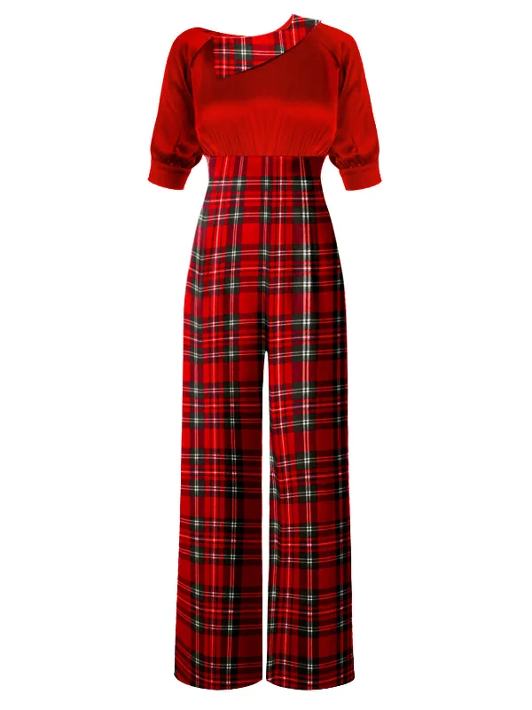 Red 1930s Christmas Plaid Short Sleeved Jumpsuit