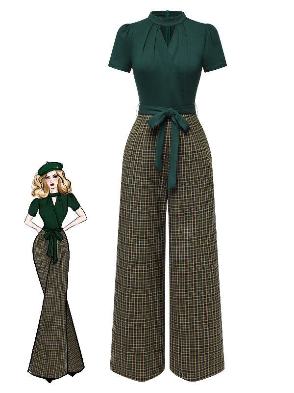 Green 1930s Plaid Keyhole Neck Belted Jumpsuit