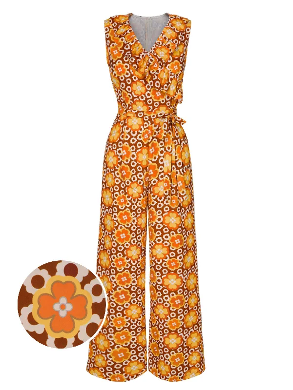 1970s V-Neck Floral Belted Sleeveless Jumpsuit