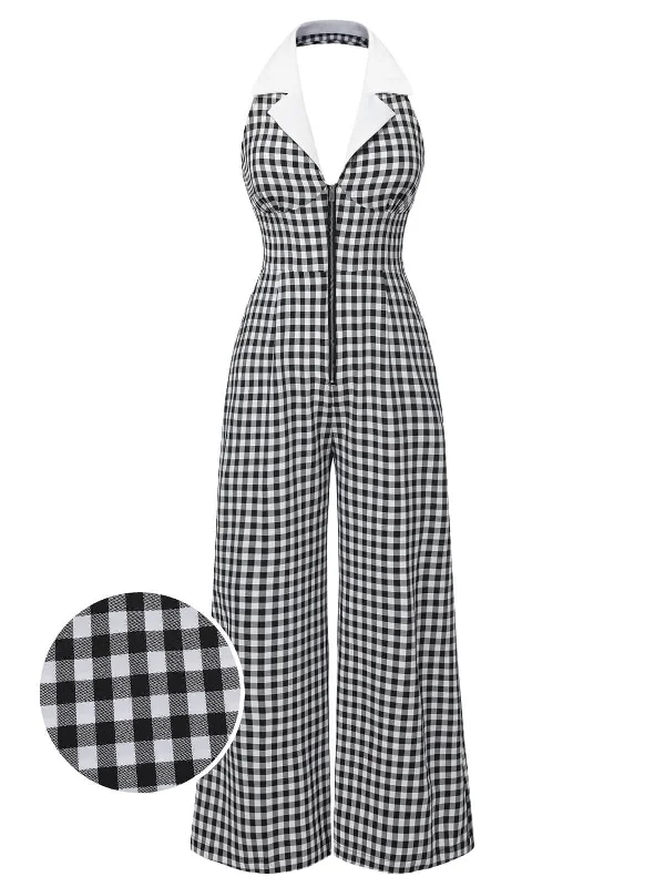 Black White 1940s Plaid Lapel Halter Jumpsuit