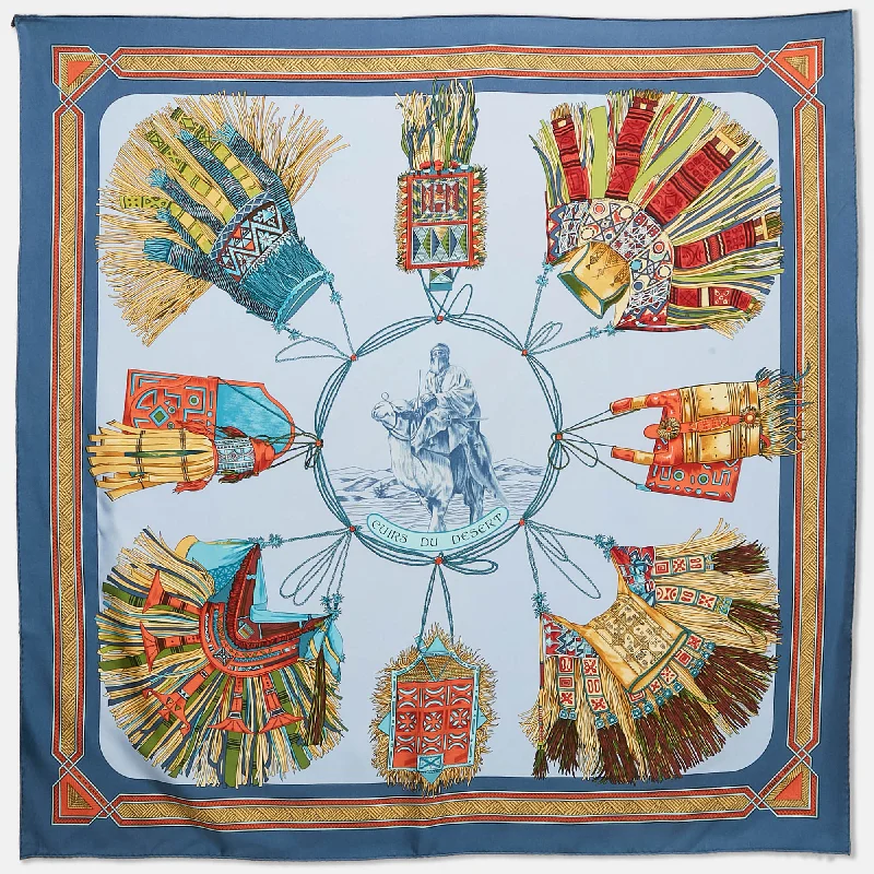 Hermes Blue Silk Cuirs Du Desert Scarf