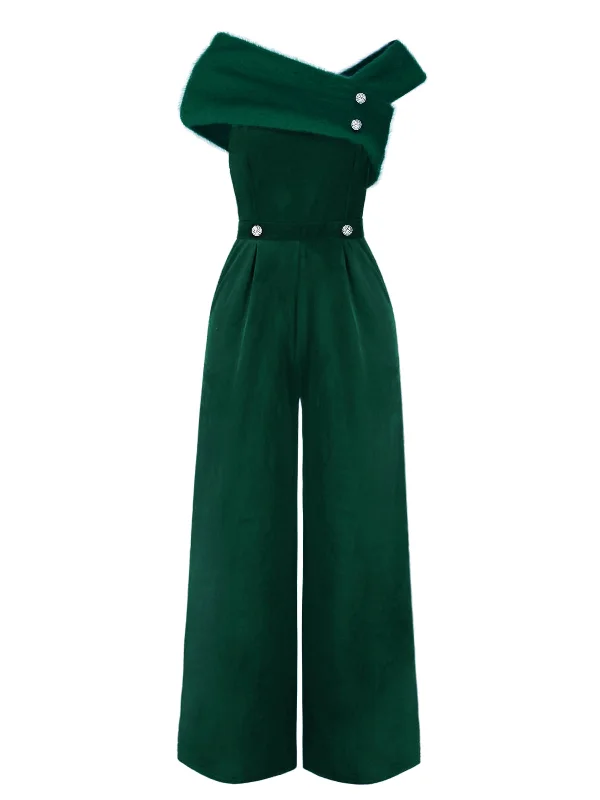 Green 1950s Velvet Off Shoulder Button Jumpsuit