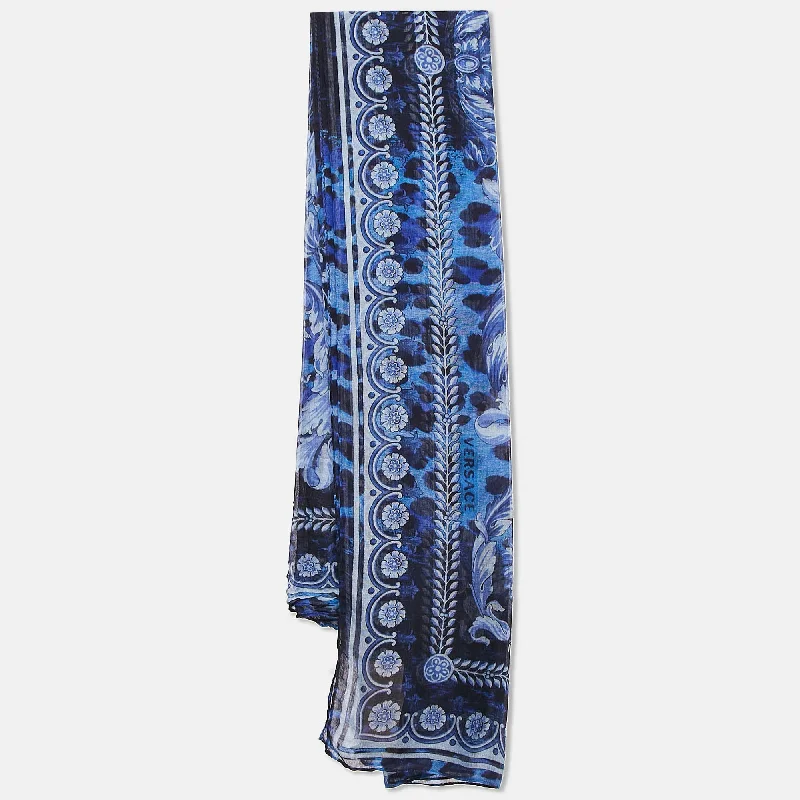 Versace Blue Leopard And Baroque Print Voile Scarf