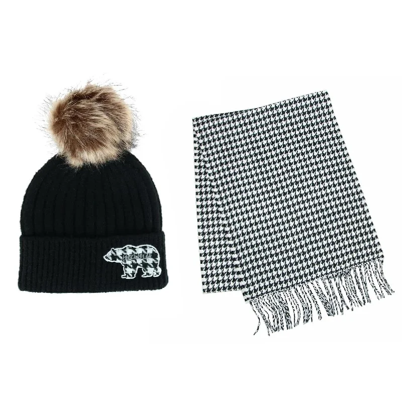 Women's Mama Bear Winter Beanie with Matching Houndstooth Scarf Set