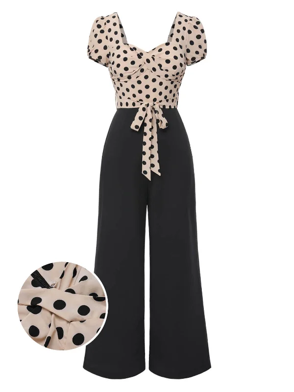 Beige 1930s Polka Dots Sweetheart Neck Jumpsuit