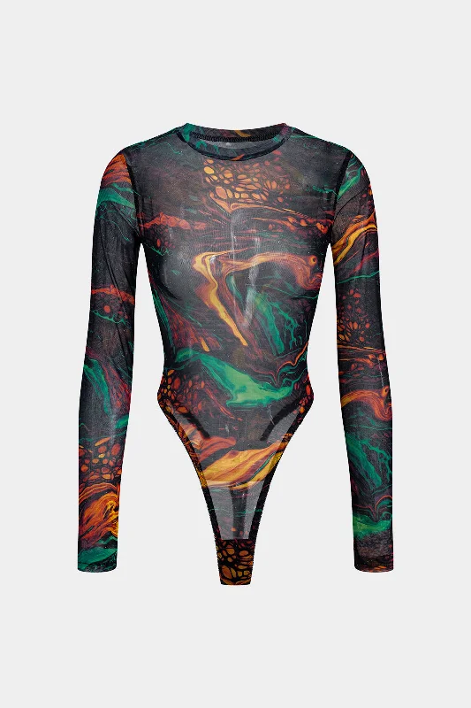 Abstract Print Mesh Long Sleeve Bodysuit