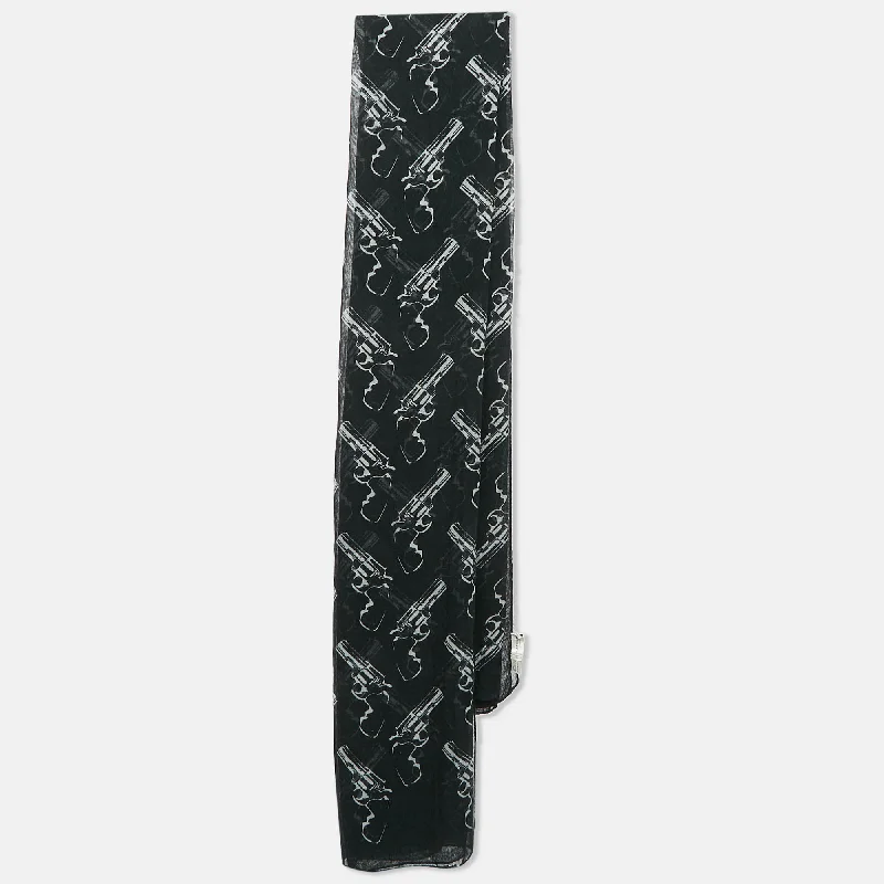 Saint Laurent Paris Black Revolver Print Cashmere Voile Scarf