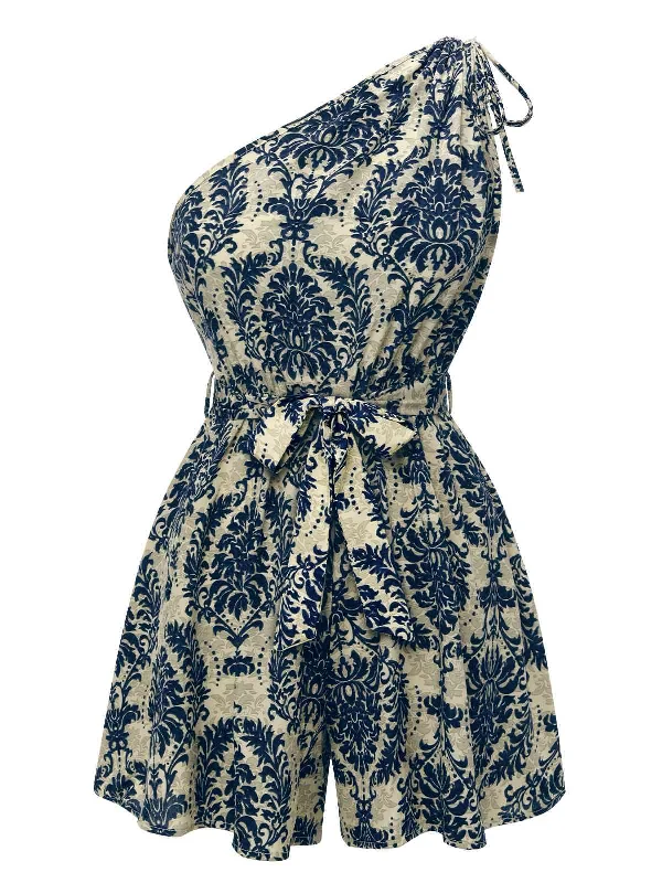 Blue 1950s Floral Print One Shoulder Romper