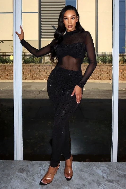 Never Enough Black Mesh Rhinestone Jumpsuit