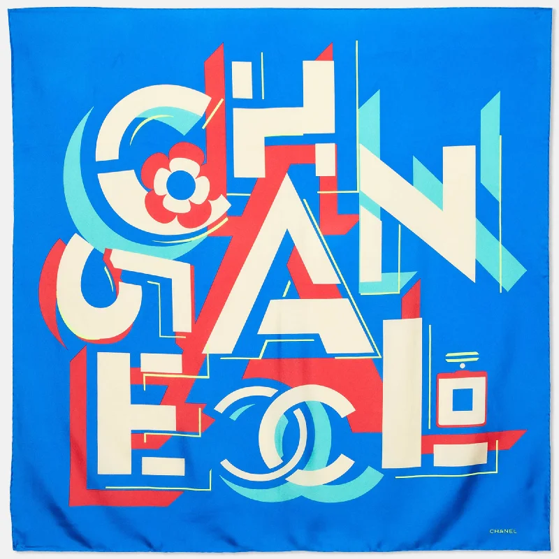 Chanel Blue Geometric Logo Print Silk Square Scarf