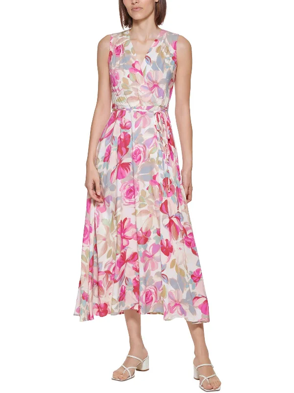 Womens Faux Wrap Floral Midi Dress