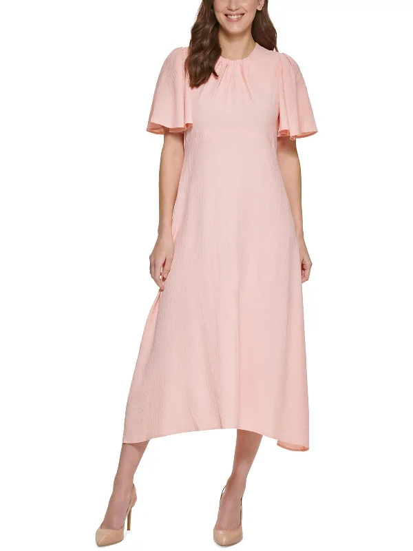 Womens Flutter Sleeve Calf Midi Dress