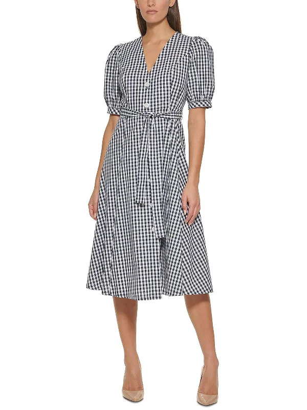 Womens Gingham Elbow Sleeves Midi Dress