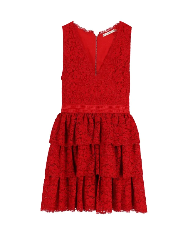 Alice + Olivia V-neck Lace Mini Dress in Red Nylon