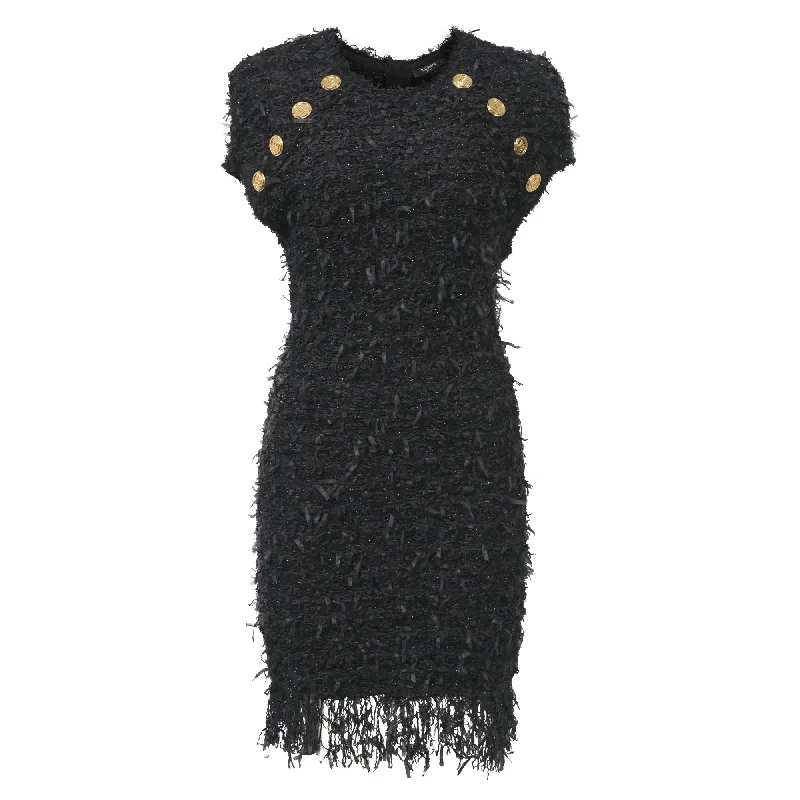 Balmain Sequin-Embellished Tweed Mini Dress in Black Polyamide