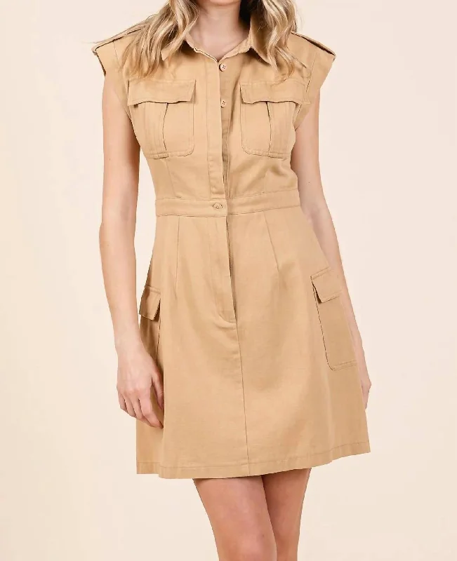 Cargo Pocket Mini Dress In Camel