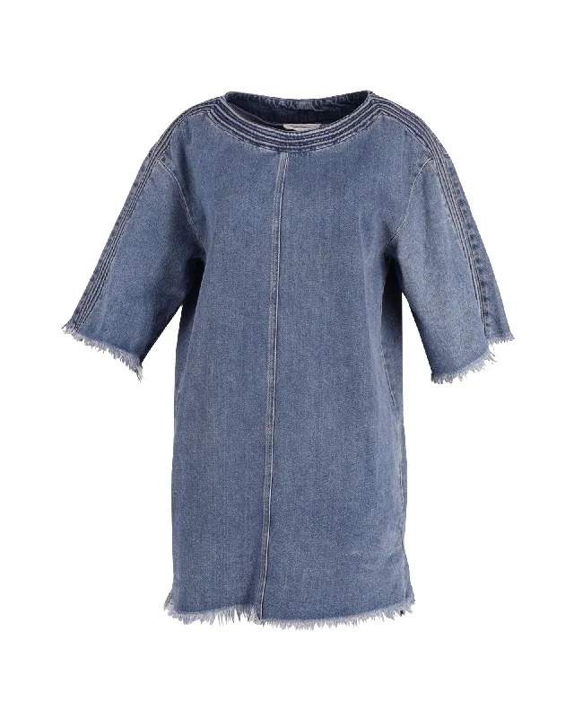 Chloe Frayed Mini Dress in Blue Cotton Denim