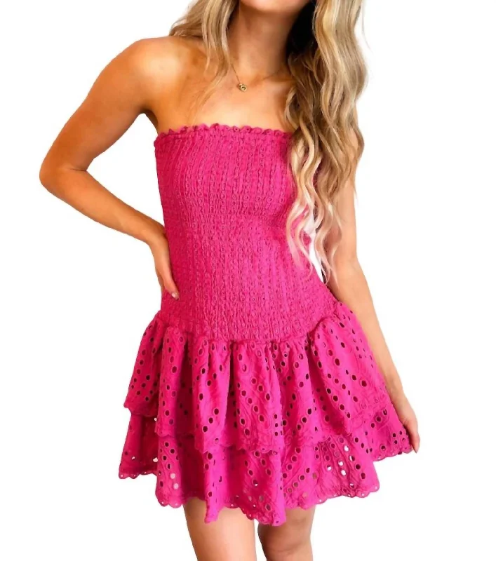 Eyelet Smocked Mini Dress In Pink