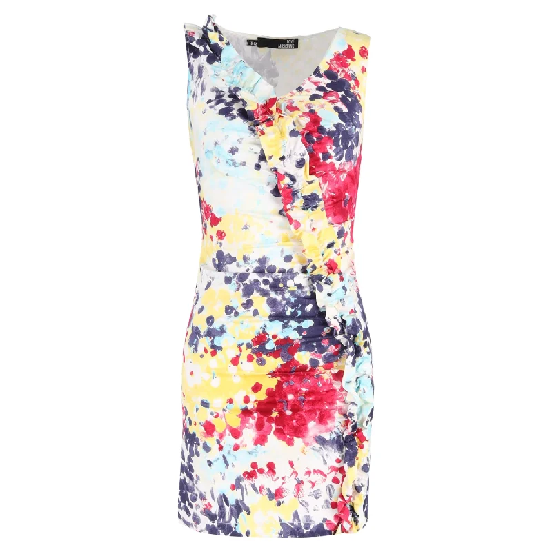 Love Moschino Mini Printed Ruffle Trim Dress in Multicolor Cotton