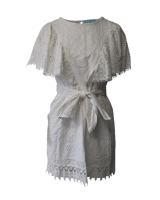 Melissa Odabash Ruffled Belted Eyelet Mini Dress in White Cotton