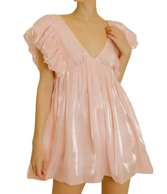 Monochromatic Pastel And Shiny Baby Doll Mini Dress In Pink