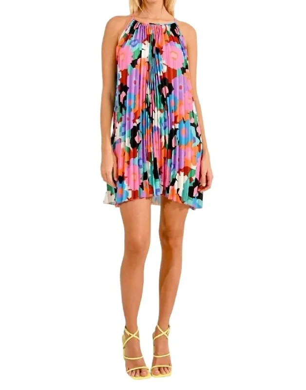 Pleated Floral Mini Dress In Multicolor