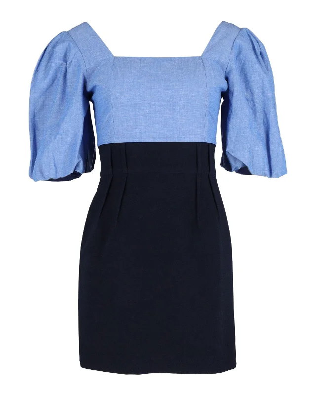 Sandro Paris Puff Sleeve Mini Dress in Blue Cotton