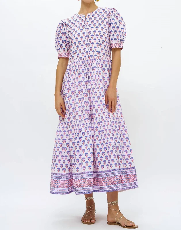 Button Cuff Sleeve Maxi Dress In Alsace Peri