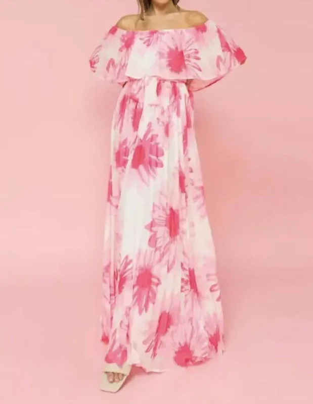 Off Shoulder Pleated Maxi Dress In Pink