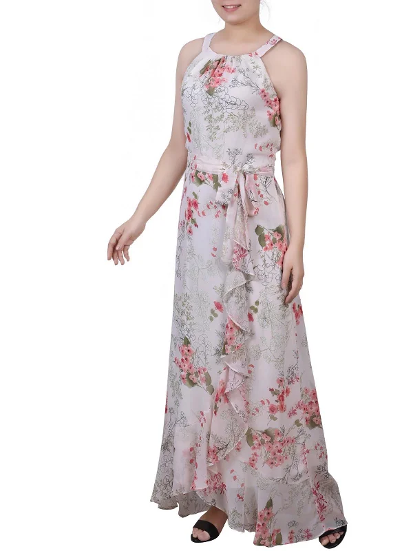 Petites Womens Chiffon Maxi Dress