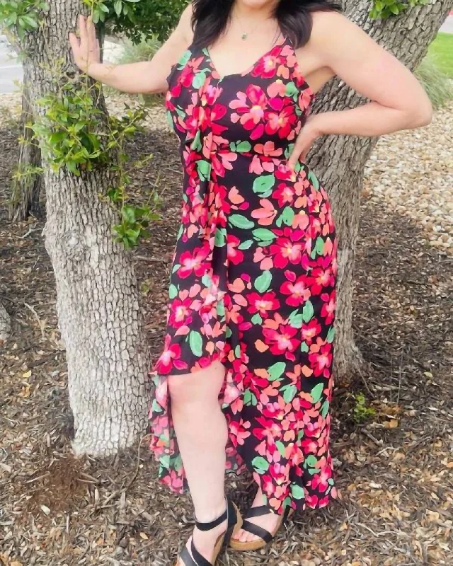 Ruffled Maxi Dress In Floral Red