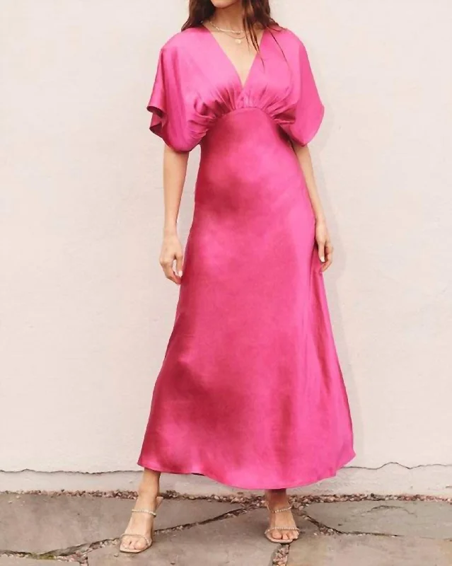 Satin Maxi Dress In Pink Magenta