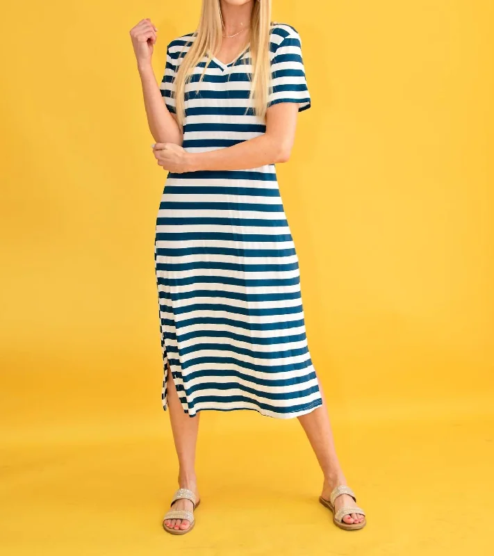 Short Sleeve Stripe V-Neck Maxi Dress Side Slits In Blue