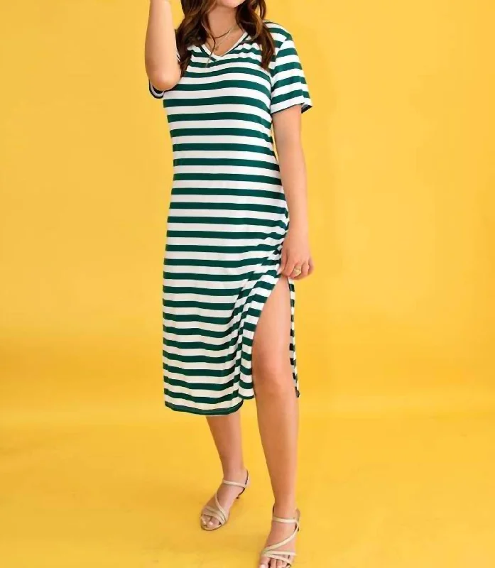 Short Sleeve Stripe V-Neck Maxi Dress Side Slits In Green