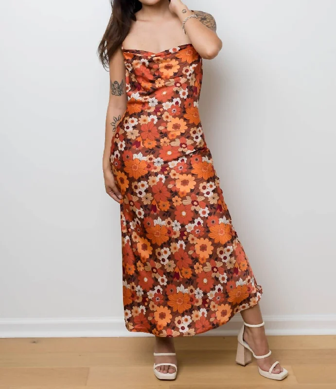 The Groovy Baby Satin Maxi Dress In Rust Floral