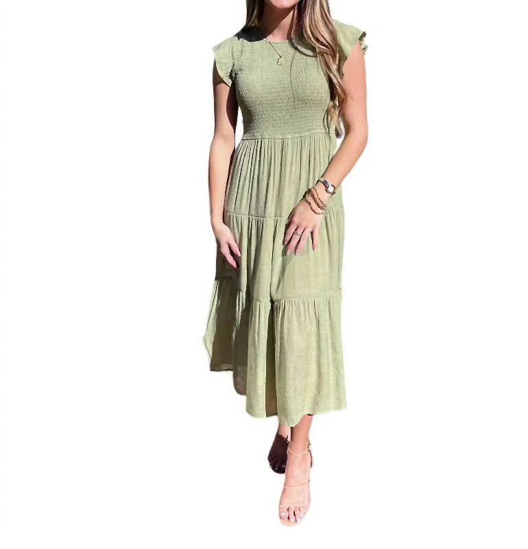 Tiered Smocked Bodice Maxi Dress In Light Olive