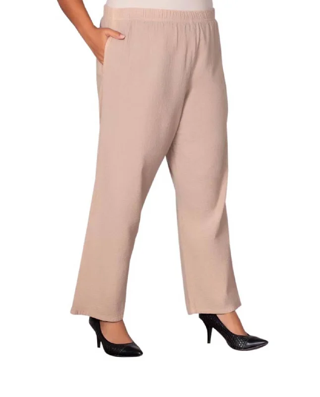 Wide Leg Crinkle Cotton Pants - Plus In Tan