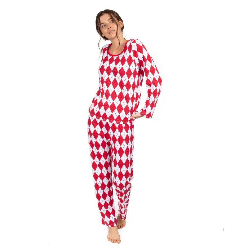 Christmas Womens Two Piece Cotton Loose Fit Pajamas Argyle