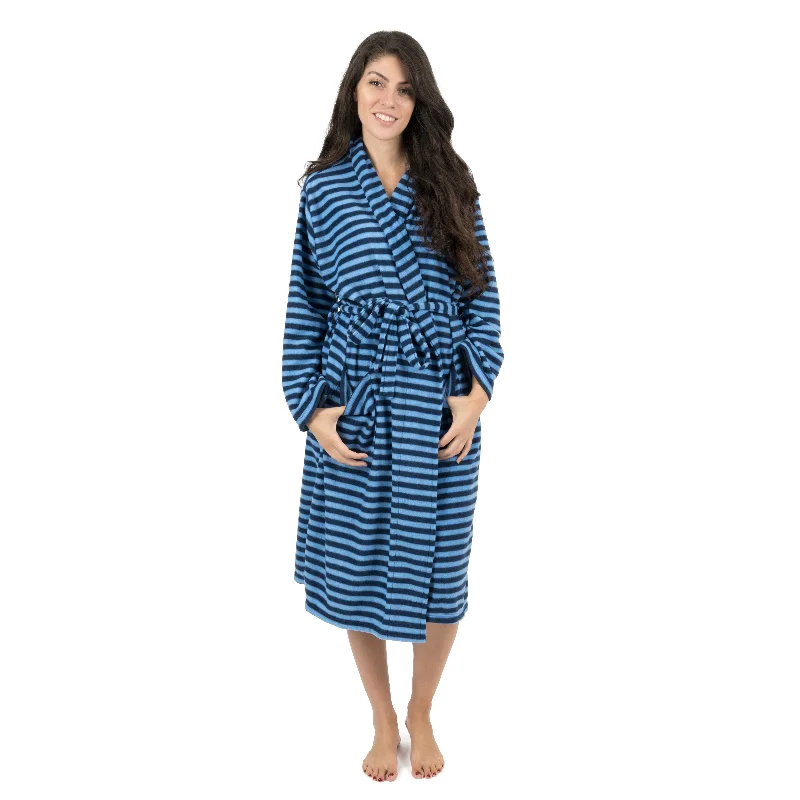 Womens Fleece Robe Blue and Navy Striped