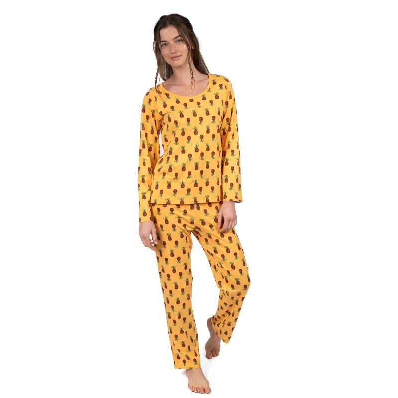 Womens Two Piece Cotton Loose Fit Pajamas Pineapple