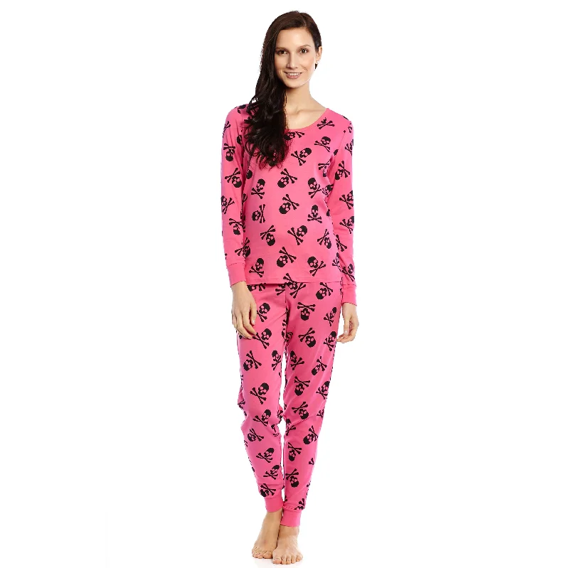 Womens Two Piece Cotton Pajamas Pink Skulls